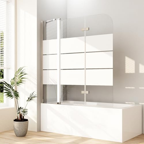 Duschwand für Badewanne 3 teilig faltbar 6mm ESG Sicherheitsglas (ESG) Milchglas Gestreift Faltwand Badewannenaufsatz Badewannenfaltwand Duschabtrennung für Badewanne (140x140cm)