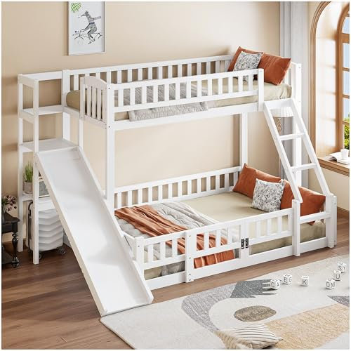 Lubvtti Litera Infantil 90/140 x 200 cm con tobogán,Cama Infantil con estantes y guías de Seguridad,Estructura Cama para niños 90/140x200 con somier de láminas,sin colchón,Blanco