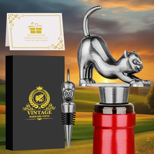 LKKCHER Cat Wine Bottle Stopper, Gifts for Cat Lovers, Silver with Gift Box