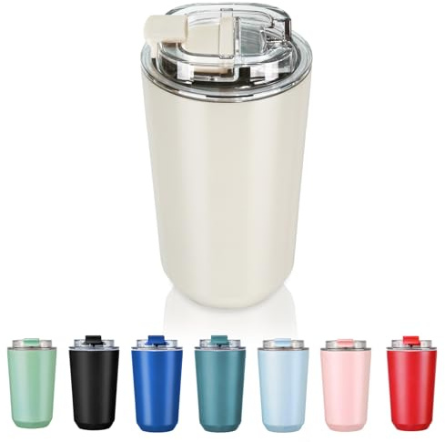 Puraville Coffee Cup, 400ml Insulated Travel Mug with Leakproof Lid & Double Wall, Reusable Vacuum Stainless Steel Coffee Mug for Hot and Cold Drinks, Cream