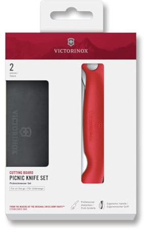 Victorinox Swiss Classic Foldable Picnic Knife and Cutting Board, for Fruit, Vegetables, Bread Rolls, Serrated Edge, Extra Sharp, Red