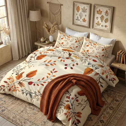 Generisch Bettwäsche Herbst Blätter 2tlg, Deckenbezug 135x200, 1 Kissenbezug 80x80, Pflanzen Zweige Und Blätter Wendebettwäsche & Deko, Weiche Mikrofaser Bettbezug Set mit Reißveschluss d144