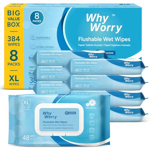 WhyWorry Flushable Wipes for Adults, 20 x 25 cm, Sea Incense, 384 Count | Extra Large Flushable Toilet Wipes, Moist Toilet Tissue, Chamomile & Vitamin E, 100% Plant-Based, Septic & Sewer Safe