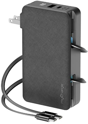 myCharge RetractaCharger 10000mAh Power Bank – 2x28 Retractable USB-C Cables | Built-in Wall Plug | 30W PD Fast Charging | Battery Readout | USB-C/A Ports | Lasts 60 Hours Extra Power | Black