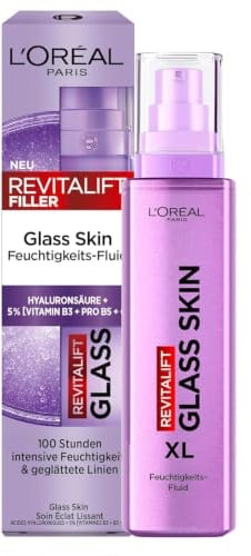 L'Oréal Paris Glass Skin Feuchtigkeits-Fluid, für aufgepolsterte & glowy Haut, mit Hyaluronsäure + 5% [Vitamin B3 + Pro B5 + C], Anti-Aging Gesichtsfluid, [Amazon Exclusive] Revitalift Filler, 70ml