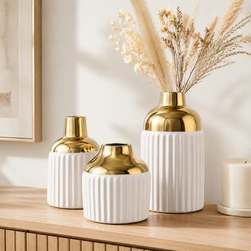 Strukturierte Keramikvasen, 3er-Set, rund, weiß und gold, zweifarbig, Blumenvase für Pampasgras, dekorativ, moderne goldene kleine Vase für Küche, Theke, Regal, Kamin, Kaminsims, Tischdekoration