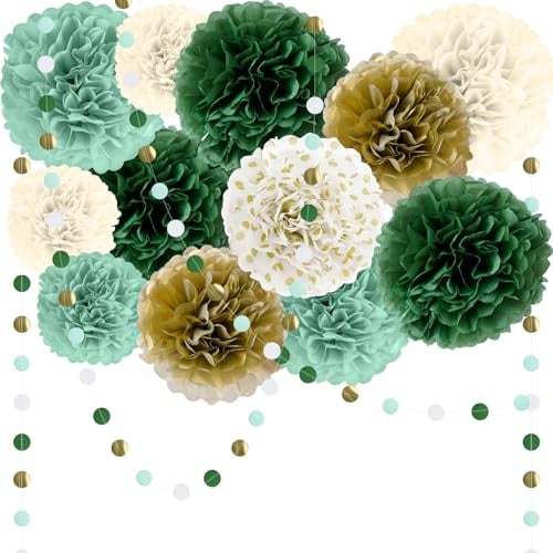 Seidenpapier Pompons Deko 15-teilig (12 Papier Pompoms & 3m Girlande), Dunkelgrün Gold Beige Papierblumen Ponponbälle für Hochzeitsdeko, Geburtstag, Babyparty, Eukalyptus & Dschungel Party