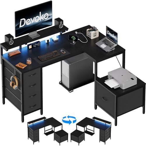 Devoko L Shaped Computer Desk with Cabinet, Reversible Corner Desk with Power Outlet and USB Ports, LED Lights and Hooks, Ideal Gaming Desk for Home Office, 160 x 120 cm, Black