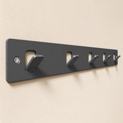 doporro Garderobenleiste Grau 5 Haken, Wandgarderobe mit Garderobenhaken | Kleiderhaken Wand selbstklebend oder zum Bohren, Hakenleiste für Flur, Bad & Küche, Stalo-14