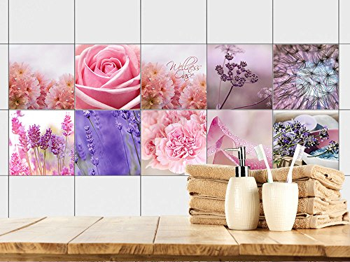 GRAZDesign Fliesenaufkleber Bad Rose Lavendel Blumen lila pink, wasserfest für Bad & Küche, Klebefliesen - Set 10 Stück