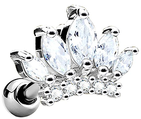 Piersando Tragus Helix Ohr Piercing Cartilage Knorpel Stab Stecker 316 L Chirurgenstahl Krone mit Strass Kristall Steinen Weiß Silber