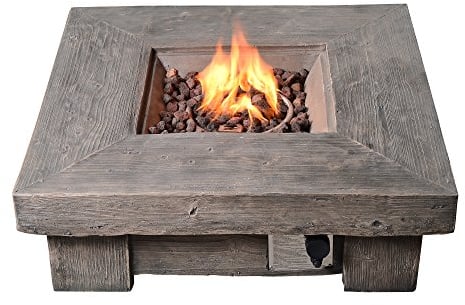Teamson Home Outdoor Garden Propane Gas Fire Pit Low Table Burner, Smokeless Firepit, Patio Furniture Heater, Wood Effect with Lava Rocks and Cover