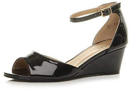 Womens Ladies Low mid Wedge Heel Ankle Strap Casual Evening Sandals, 8 UK, Black Patent