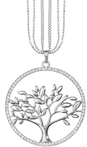 Mianova Damen Lange Halskette Kette Lebensbaum Anhänger mit Swarovski Elements Strass Kristall Steinen Lang Silber Groß