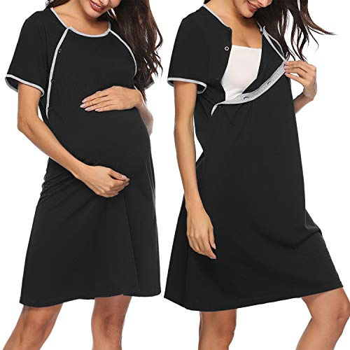 Sykooria Women's Maternity Nightdress Breastfeeding Nightwear Short Sleeve Nursing Nightgown Button Down Sleep Shirt V Neck Pajama Tops Soft Loungwear For Pregnant Women