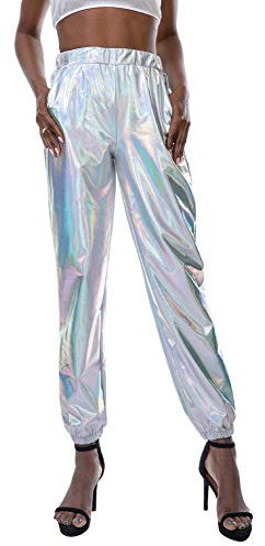 Pailletten Hose Silber: Sexy Damen Glänzend Wetlook Metallic Leggins Hohe Taille Hüfthoch Strumpfhose Hose Cargohose Hologramm Hip Hop Tanzhose Casual Streethose Disco Hosen Festlich Abend Silber L