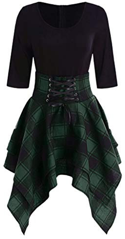 Stormdoing Fashion Women Casual Dress O-Neck Top Lace Up Tartan Plaid Print Asymmetrisches Minikleid Gr. Small, grün