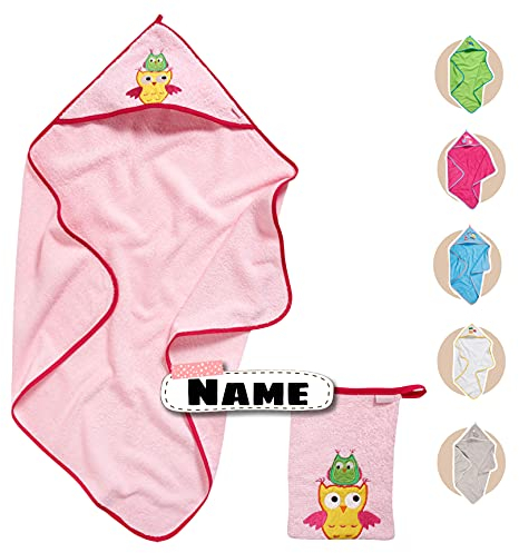 Baby Kapuzenhandtuch Set mit Waschlappen | Baby Handtuch Kapuzenbadetuch 75 x 75 cm | personalisiert mit Name | Baby Badetuch Bestickt mit Namen | Jungen Mädchen (Rosa Eule)