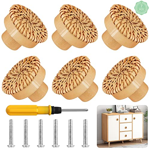 Rattan Möbelknöpfe 6 Stück, Natur Holz Kommodenknöpfe, Schrankknöpfe Schubladenknöpfe Boho Mit Schrauben Schraubendreher, Möbelknauf für Schränke Schubladen (40*30mm)
