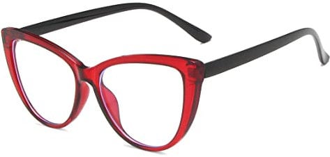 Anti-Blue Light Blocking Fashion Glasses for Women Men Anti UV400 Glare Computer Eye Glasses Thin Cat Eye Round Frame (Red/Black Frame + Clear Lens)
