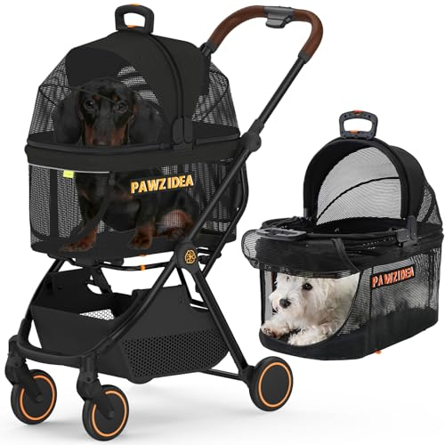 PAWZIDEA Hundewagen 3in1, Katzen-/hundebuggy für kleine mittelgroße Hunde, faltbares Haustierauto, abnehmbarer Reiseträger, Sicherheitsgurt Welpen-Booster-Autositz-Kombi, Katzenhaus(ganzes Netzwerk)