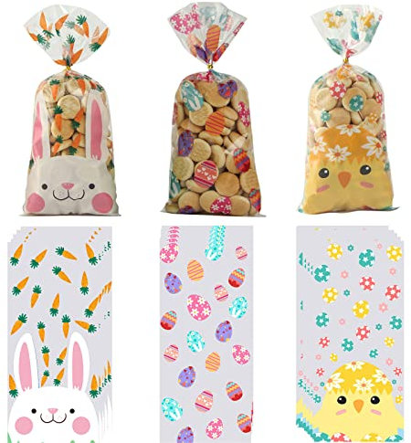 Ostern Plätzchentüten Cellophantüten, 105 Stück Transparent Candy Bar Süßigkeiten Tüten Geschenktütchen mit Twist Krawatten für Bonbon Plätzchen