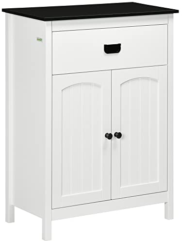 kleankin Armario Auxiliar de Baño Mueble de Baño Auxiliar con 1 Cajón 2 Puertas y Estante Ajustable para Lavabo Ducha Estilo Moderno 60x30x80 cm Blanco