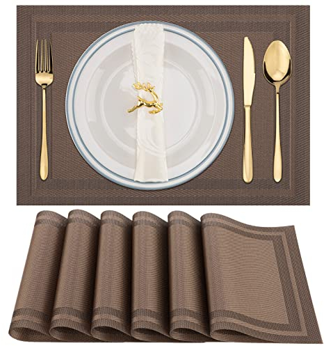 Winknowl Platzdeckchen, 6 Stück, hitzebeständig, gewebtes Vinyl, waschbar, PVC, rutschfest, schmutzabweisend, für drinnen und draußen, Tischsets für Esstisch (Braun)