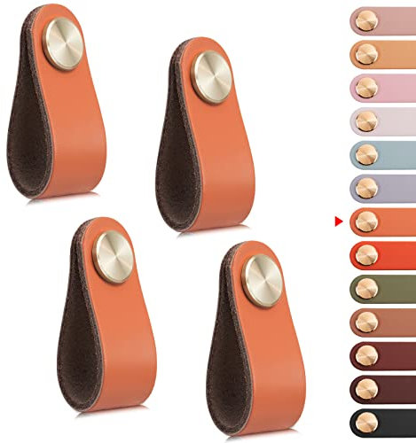 LEREATI 4pcs Leather Drawer Handles Drawer Knobs Kitchen Cupboard Handles, Leather Drawer Pulls for Cupboards, Wardrobe, Dresser, Closet (Light Orange, Single Hole)