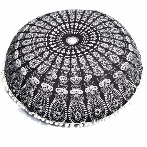 Cyrank Bodenkissenbezug aus Baumwolle, Hippie, dekorativer böhmischer Bodenkissenbezug, runder Kissenbezug aus Baumwolle, 80 cm, komfortable dekorative Wohnkultur(Schwarz)