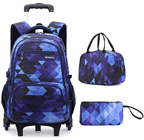 Mildame Geometric Print Rolling Backpack for School Boys Girls with Lunch Bag Teens Bookbag with Wheels Kids Trolley Bag Set, Six Wheels