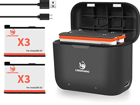 Linghuang Battery Charger + 2 Batteries(1,800mAh) for Insta360 X3 Camera, Protective Case for insta 360 x3 Accessories,High Speed Charging Hub Support Fast Charging Protocol PD2.0.