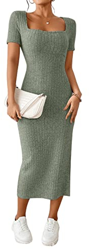GORGLITTER Tshirt Kleid Damen Lang Kleid Mit Schlitz Elegant Sommerkleid Bodycon Kleider Party Kleider Maxikleid Strickkleid Grün M