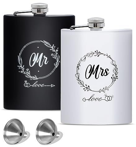 RONRONS 2 Pieces Mr and Mrs Hip Flask, Reusable Stainless Steel Pocket Flask Set with Funnel Engagement Gifts for Couples, Refillable Liquor Whiskey Container for Newlywed Wedding Party