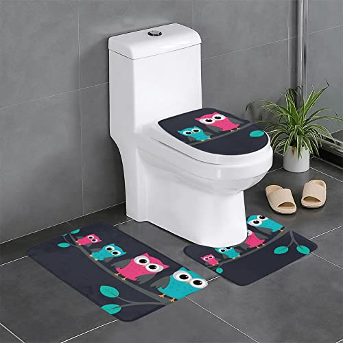 ROOZEE Niedliche Eulen Flanell rutschfeste Badezimmermatten-Sets 3 Stück - Dekoratives Badematten-Set, Badezimmerteppich + U-förmige Kontur Toilettenmatte + O-förmiger Toilettensitzbezug