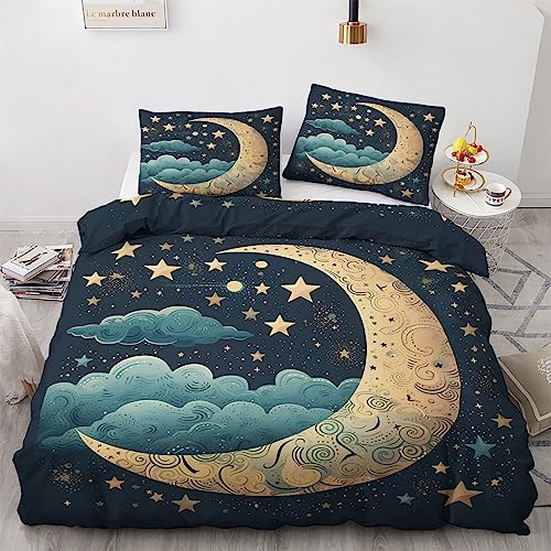 GEDAEUBA Sommer Bettwäsche 155x220 Mond Sterne - Sternenhimmel Bettbezug 155x220 3 teilig, Wendebettwäsche und Kissenbezug 80x80, Weiche & Atmungsaktive Mikrofaser Bettwäsche-Sets mit Reißverschluss