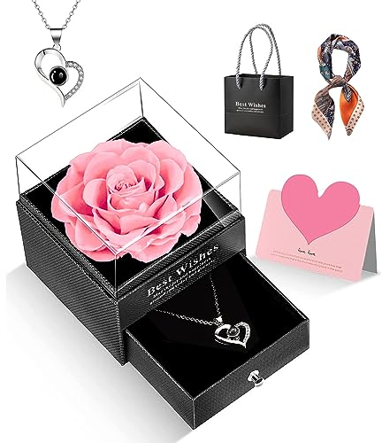 GOICC Idea Regalo per Lei, Rosa Eterna con I Love You, Collana, Confezione Regalo per la Festa della Mamma, Regali San Valentino,Compleanno, Anniversario, San Valentino per Fidanzata, Moglie (Rosa)