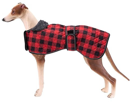 Geyecete Wasserdichter Hundemantel,Windhund Mantel,Whippet Hundejacke Winter,mit Warmem Fleecefutter innen,Verstellbaren Outdoor Hundebekleidung für Windhunde/Lurcher/Whippet-Kariert Rot-L