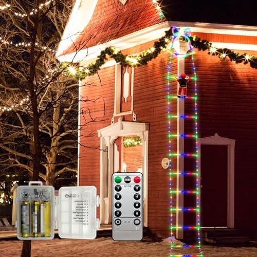 MEDOYOH Mehrfarbige Licht 3,3M/130IN 136 LEDS Leiters mit Kletternder Weihnachtsmann, Weihnachtsbeleuchtung Batteriebetrieben für Indoor Outdoor Weihnachtsbaum Balkon Fenster Dekor