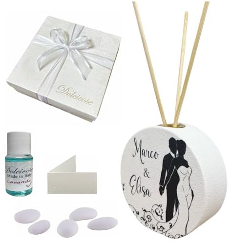 Regalami.Shop bomboniera Matrimonio Personalizzata diffusore in Marmo di Carrara Completo di Scatola, Confetti alla Mandorla, Essenza, Nastro in Organza e bigliettino Personalizzato (sposi, 1)
