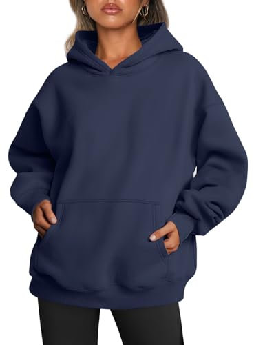 Trendy Queen Damen-Kapuzenpullover, übergroß, Fleece, langärmelig, Pullover, Herbst-Outfits mit Tasche, Marineblau, S
