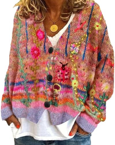 Onsoyours Gilets en Tricot Imprimé Femme Veste Courte Casual Cardigan Coupe Ample À Manches Longues Gilet Chaud avec Boutons Sweater Manteau Outwear Haut Top Chic C01 Rose XL