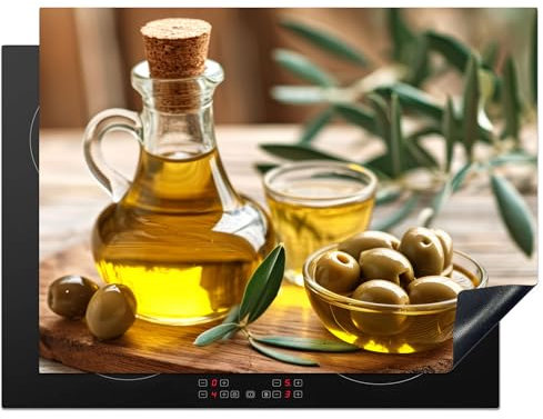 KitchenYeah© Protection Plaque Induction 71x52 cm Protege Deco Cuisine Cache Protège De Cuisson Accessoire Olives - Planche - Huile d'olive - Feuilles - 71x52 cm
