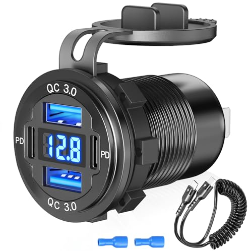Aluminium 4-Port USB C 12V Steckdose 78W Ladegerät: Dual PD 30W und Dual QC 18W Auto USB Dose 12 Volt Einbau Zigarettenanzünder Stecker mit Voltmeter und C zu C Kabel, für Boot LKW Motorrad kfz