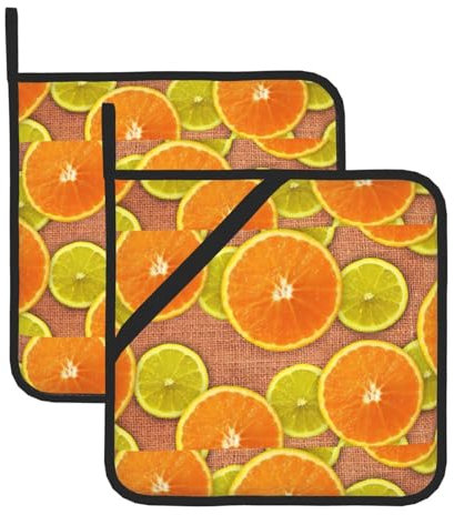 Wurton Topflappen mit Zitronen- und Orangen-Druck, 2er-Set, Doppelfunktion, Küchen- und Untersetzer, 20,3 x 20,3 cm, Kochen und Backen