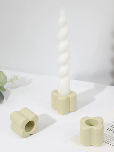 HofferRuffer Kerzenständer 3er Set Keramik Mini Kerzenhalter Morandi Farben Blütenform Kerzenständer Stabkerzen für Hochzeit Party Weihnachtsdeko Tischdeko Deko Grun