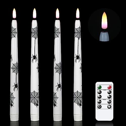Eldnacele Halloween Dekoration Flammenlose Stabkerzen mit Fernbedienung und Timer, Batteriebetriebene LED Kerzen Flackernd mit Spinnennetzmuster für Halloween-Deko (4er-Pack)
