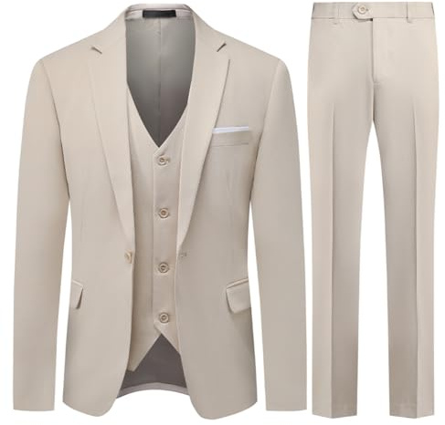 Allthemen Mens 3 Piece Suit 1 Button Business Solid Color Stretch Tuxedo Blazer Waistcoat Trousers Beige S