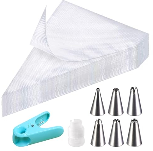 soodyoow 100 Pcs Poches à Douille Jetables, avec 6 Buses de décoration en Acier Inoxydable, 1 Adaptateur, 1 Clip de Cuisson, Poches à Pâtisserie Jetables, décoration gâteau, Cupcake, Biscuit, Dessert