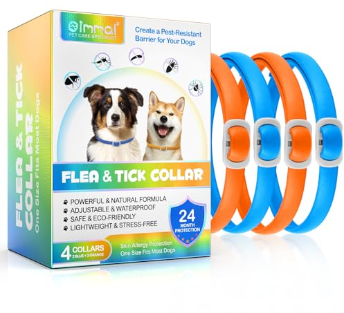 Collier Anti Puces pour Chien, 4 Pièces Anti Tiques pour Chien, Réglable et Imperméable, Sûr et Naturel, Longueur 60cm, Protection 24 Mois, pour Chiens de Petite Moyenne et Grande Taille (Bleu&Orange)